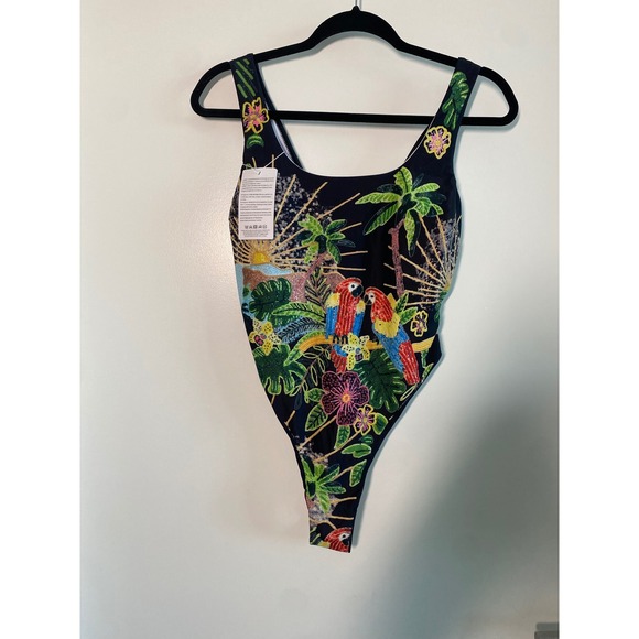 other Other - Women's One-Piece Swimsuit Small Black Tropical Parrot NWT High Cut Scoop Bold